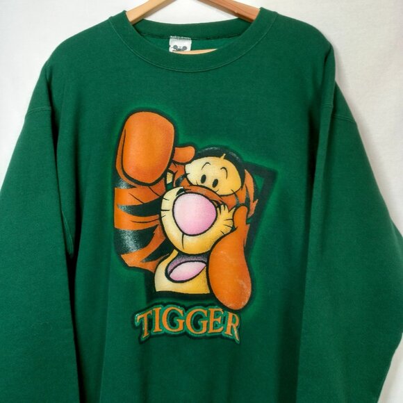 Disney Store Winnie The Pooh Tigger Sweatshirt Large Green Crew Neck Vintage 90s - Picture 1 of 10